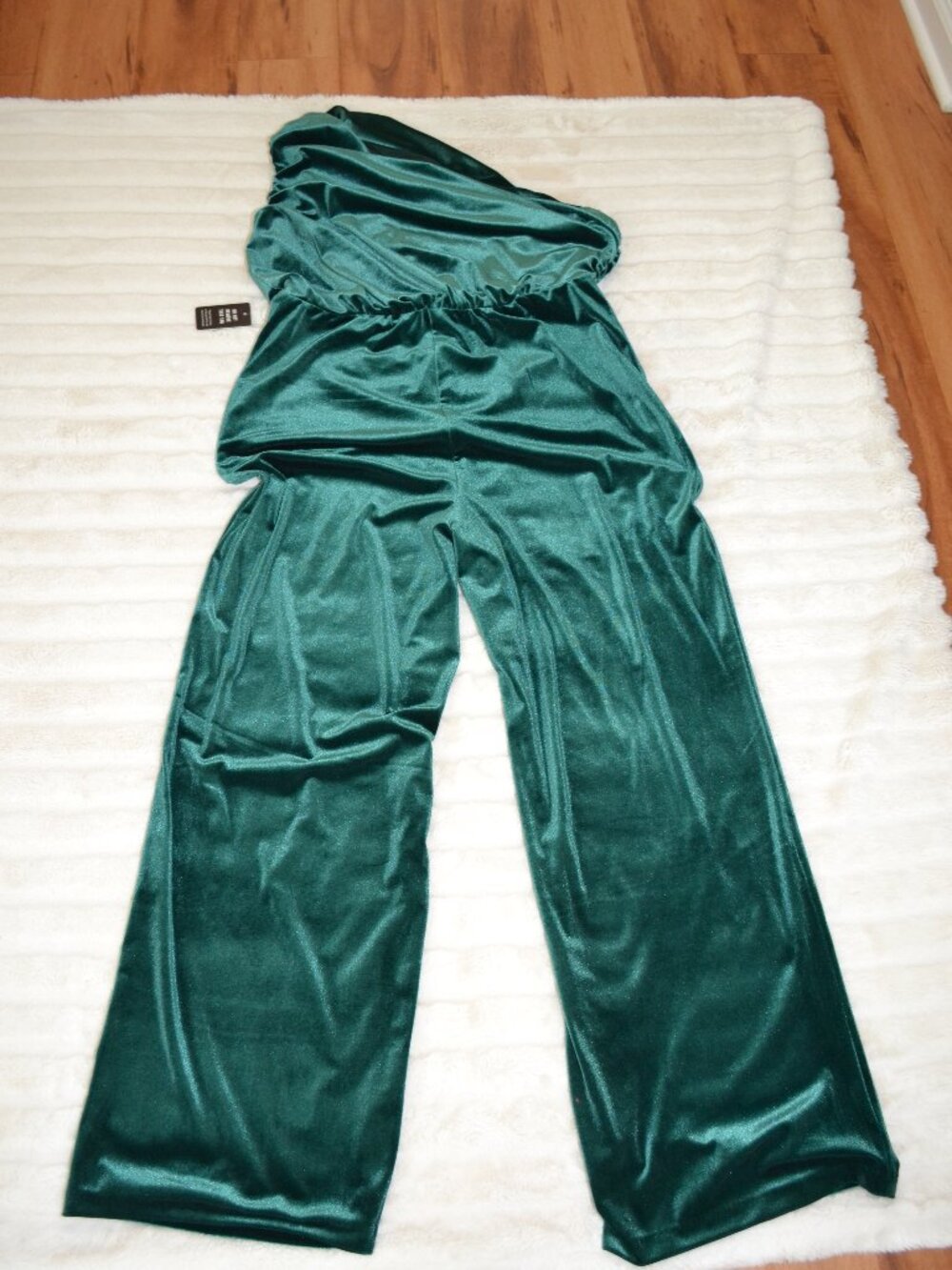 Express Velvet Emerald Green Ruched Wide Leg One Shoulder Party New Jumpsuit XL - Picture 6 of 8